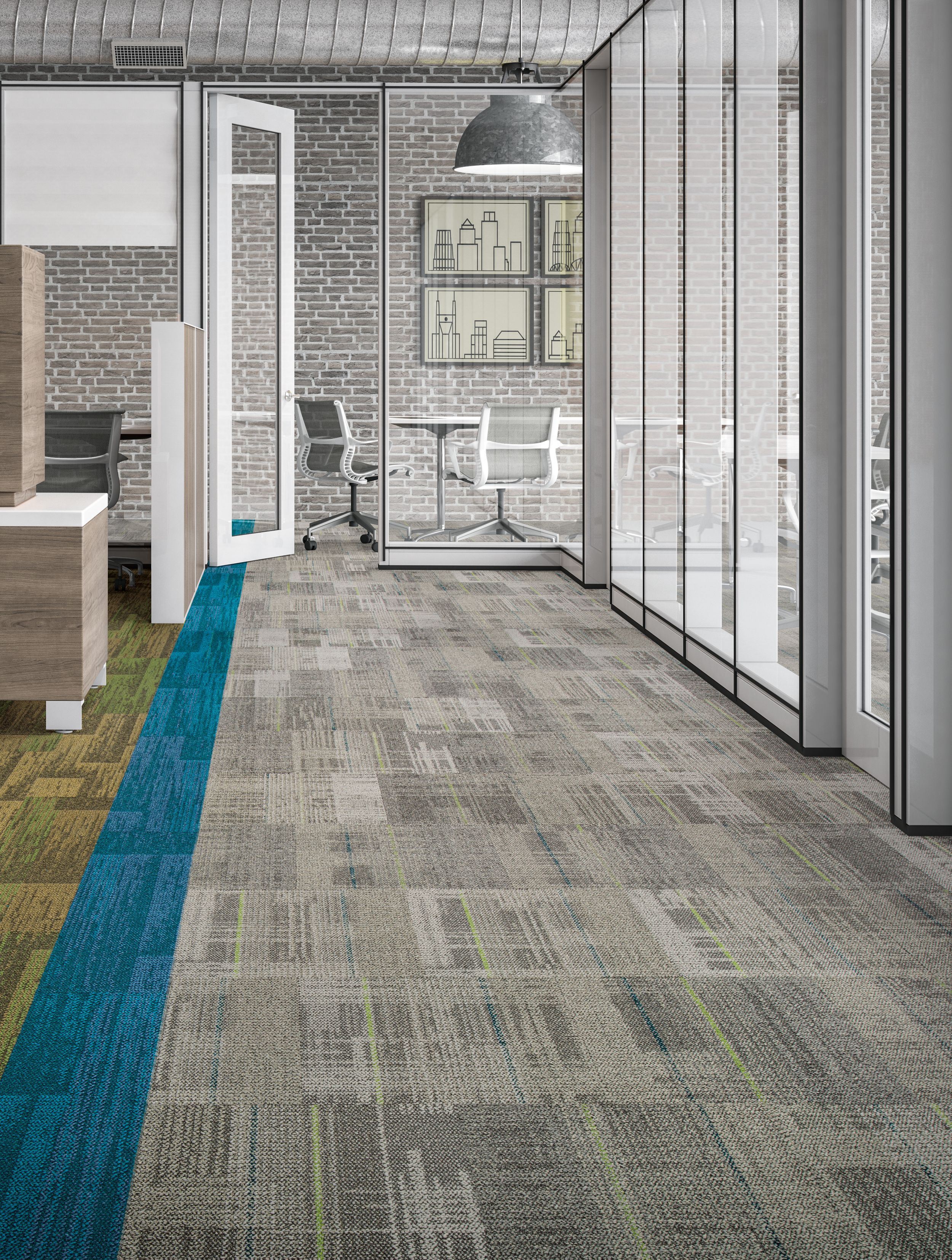 Interface AE312 carpet tile with AE317 plank carpet tile in office corridor image number 5
